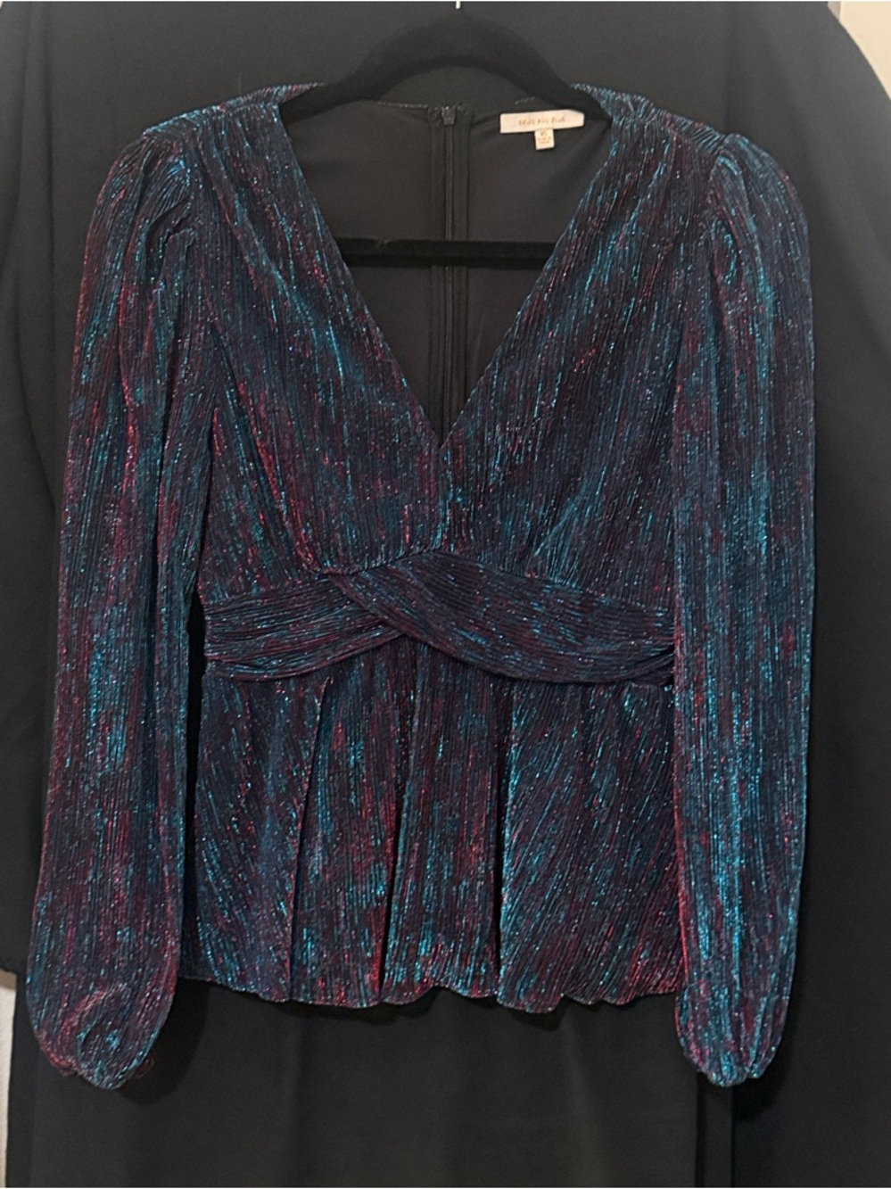 Skies Are Blue Metallic Teal and Purple V-Neck Long Sleeve Blouse